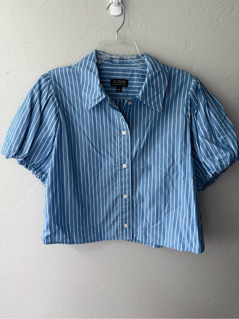 J.Crew Size 14 Blue White Striped Collared Blouse Puff Sleeve Button Front Top